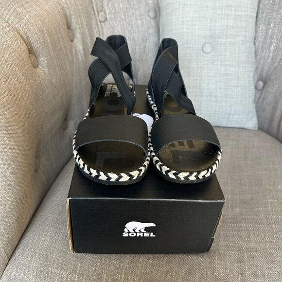 Sorel Sandals Womens 9.5 Black White ELLA II Ankle Strap Leather Shoes NIB - Picture 2 of 7